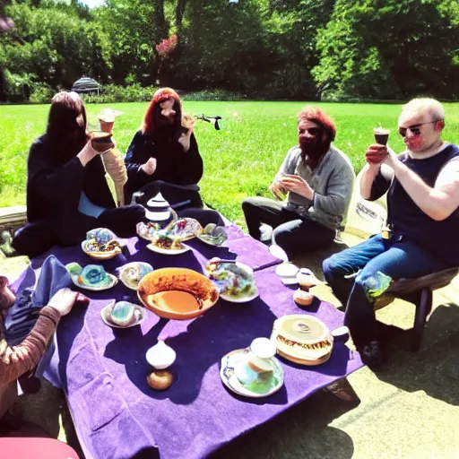 Image similar to a group of demons have a pleasent tea party on a sunny day