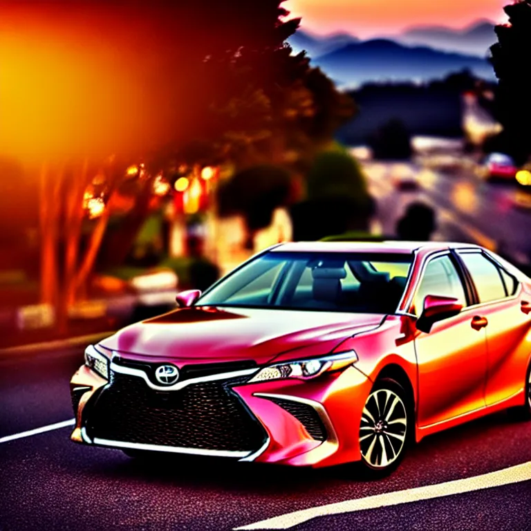 Prompt: close-up-photo TOYOTA CAMRY middle of street, sunset kanagawa prefecture, night, cinematic color, photorealistic, highly detailed,