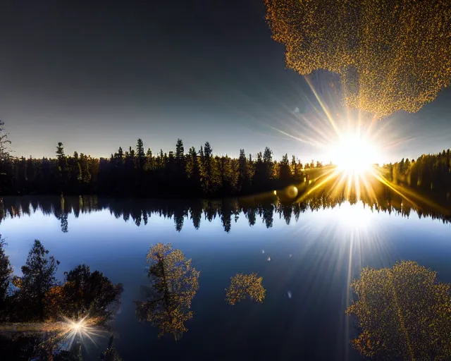 Image similar to canon, 300mm, bokeh, 16k serene beautiful landscape photography of a hypereal spaceship flying at incredible momentum through the sky at night. lake reflections in the foreground. sun rays shining through the trees. lens flare. moonlit, dramatic lighting by Marc Adamus on mushrooms.