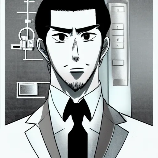 Image similar to portrait of kazuma kiryu as a physicist, anime fantasy illustration by tomoyuki yamasaki, kyoto studio, madhouse, ufotable, trending on artstation