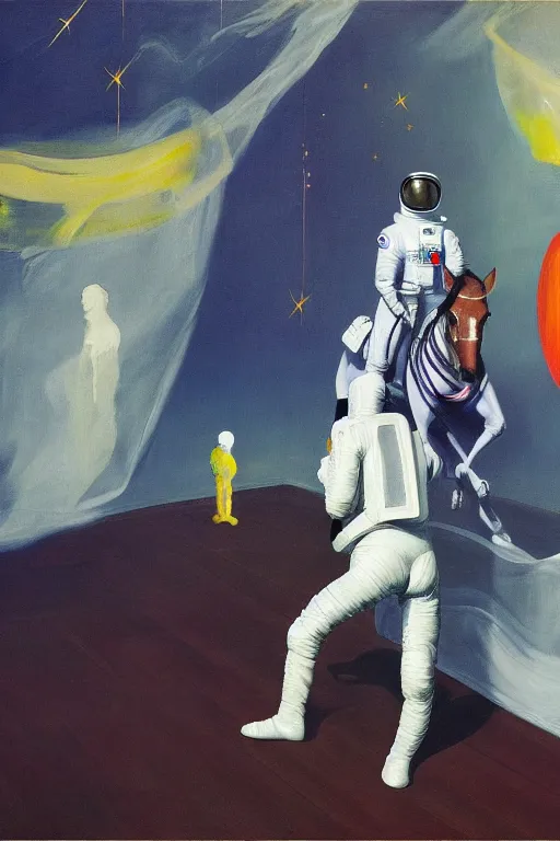 Image similar to a horse riding an astronaut, hauntingly surreal, highly detailed painting by francis bacon, edward hopper, adrian ghenie, gerhard richter, and james jean soft light 4 k,