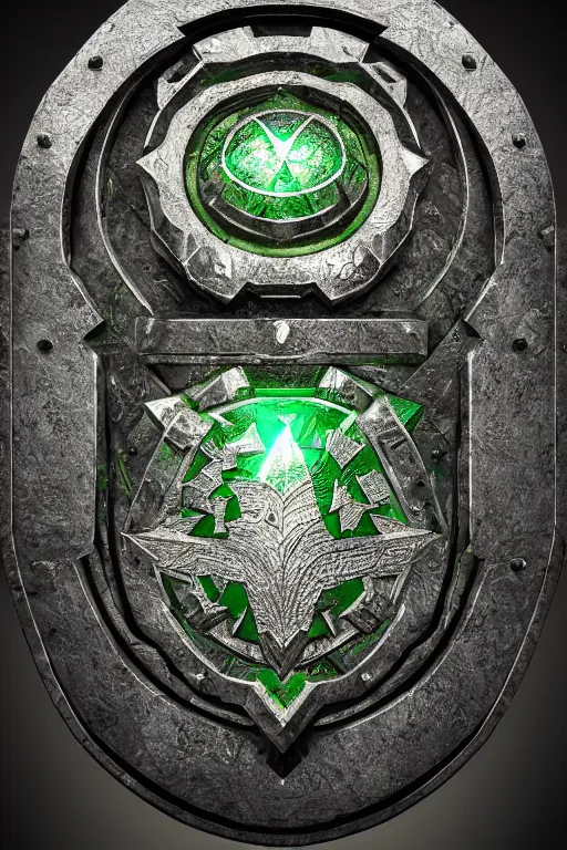 Image similar to green medieval shield, powerful fantasy epic legends, game icon stylized, digital illustration radiating, a glowing aura, global illumination, ray tracing, 8 k high definition, intricate details, octane render, unreal engine, trending on arstation