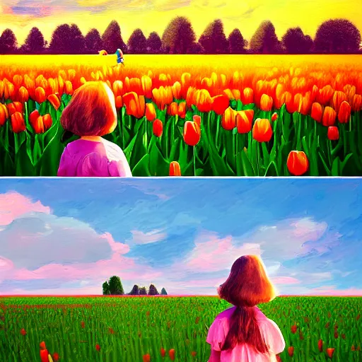 Image similar to dutch girl with singular giant tulip as a head, surreal photography, flower field, sunset dramatic light, impressionist painting, colorful clouds, blue sky, digital painting, artstation, simon stalenhag