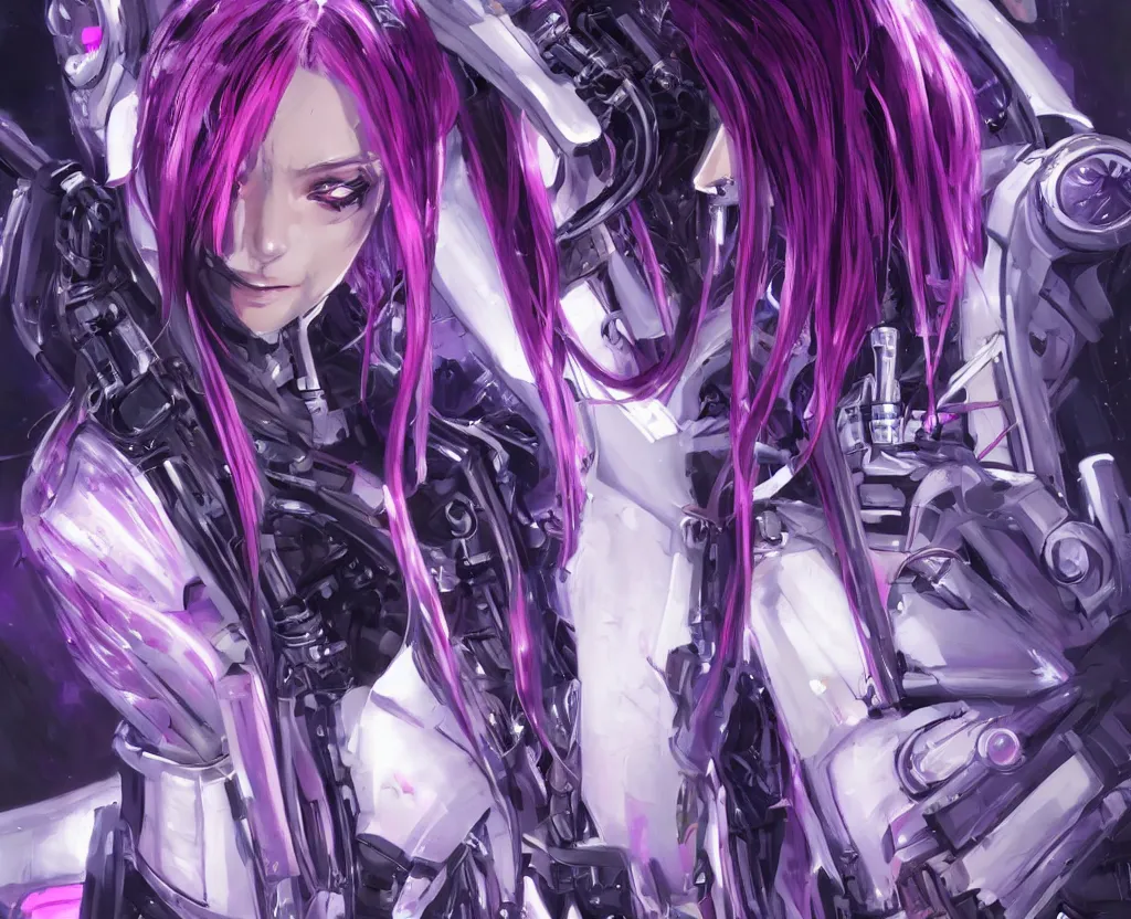 Image similar to A beautiful painting of a cyberpunk anime girl with purple hair and an a huge robot arm sensual stare, Trending on artstation. augmentations and cybernetic enhancements neon circuits, , futuristic, blade runner, detailed, intricate, elegant, highly detailed, digital painting, artstation, concept art, smooth, sharp focus, akira style illustration, art by Krenz Cushart and Artem Demura and Alphonse Mucha ❤️‍🔥 🔥 💀 🤖 🚀