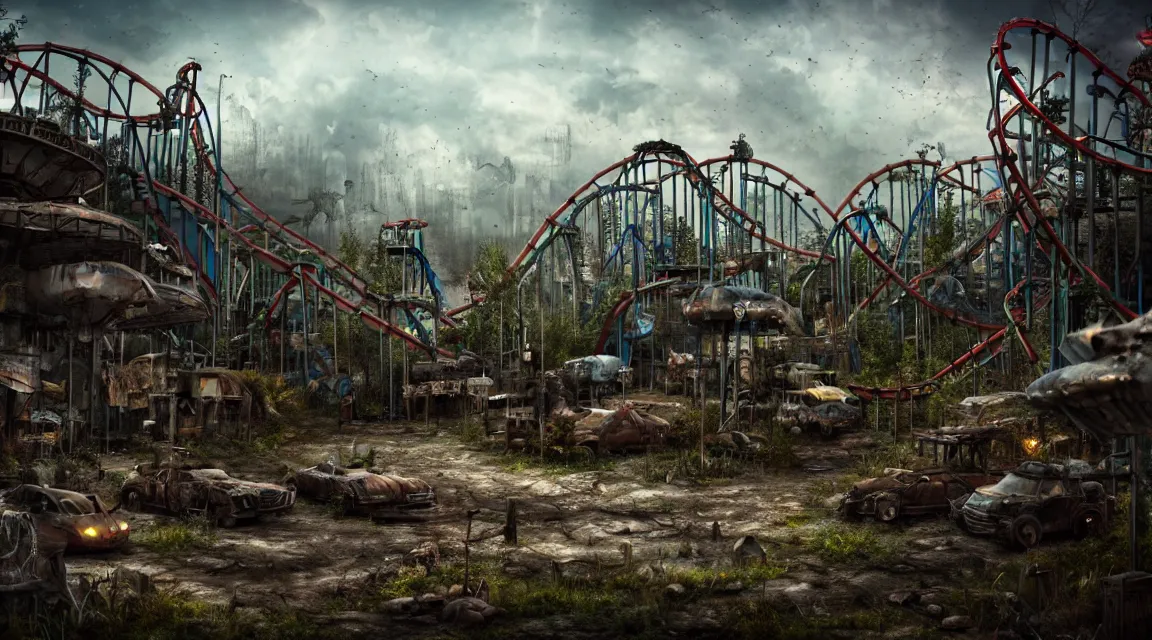 Prompt: post apocalyptic theme park park, trending on artstation, photorealistic, wilderness ambiance, ultra detailed, high definition, depth of field, bokeh, rubble, wild vegetation, building crumbling,