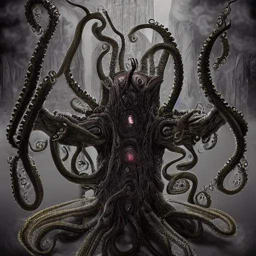 Image similar to unimaginable faceless creature, many eyes, many tentacles, many teeth, dark souls inspired, by Hidetaka Miyazaki