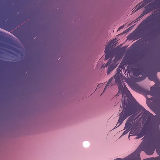 Prompt: far above an alien planet in space on the edge of a misty atmosphere, dynamic shadows, dynamic lighting, ilya kuvshinov, kyoani, hiroaki samura, yoshinari yoh, james jean, katsuhiro otomo, erik jones, cel shaded