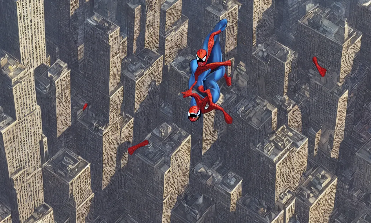 Image similar to spiderman in a wide city of new york, cinematic lighting, style by makoto shinkai