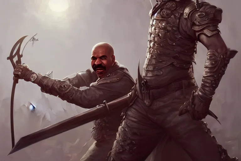 Image similar to portrait of steve harvey with a broadsword, fighting a zombie horde, charlie bowater, artgerm, ilya kuvshinov, krenz cushart, ruan jia, realism, ultra detailed, 8 k resolution