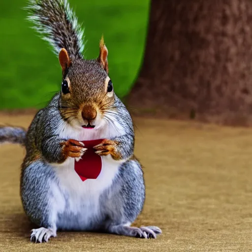 Image similar to a squirrel discusses international affairs, wearing a suit, on the evening news, realistic television still