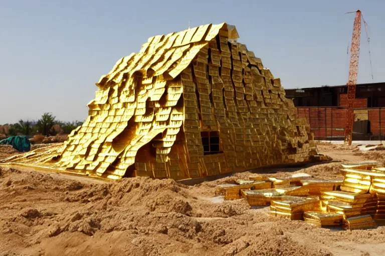 Image similar to a house, under construction, made of dollars, with piles of gold around it