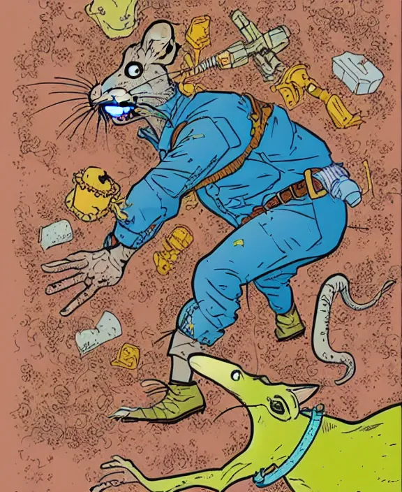 Image similar to a rat in the style of geof darrow, colorful