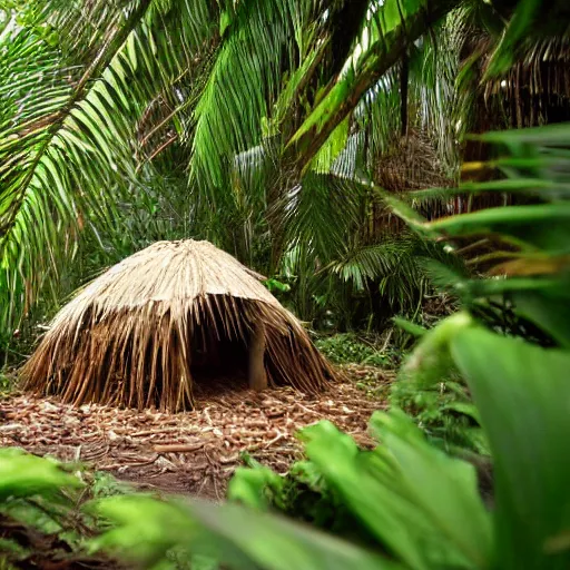 Image similar to sleeping shelter made of palm leaves and sticks in the rainforest, realistic, 8 k, night,