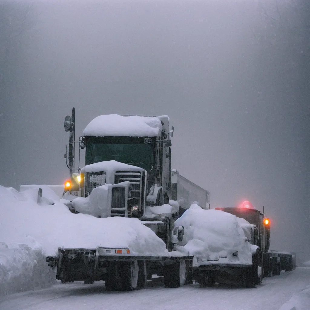 Image similar to photo, big snow plow truck is in the distance with a bright headlighta. cold color temperature, snow storm. hazy atmosphere. humidity haze. kodak ektachrome, greenish expired film, award winning, low contrast,