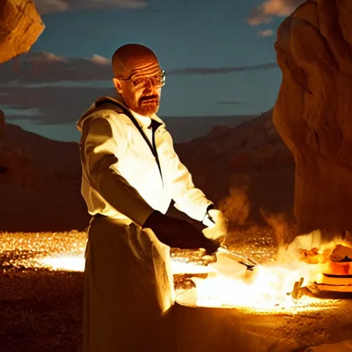 Image similar to walter white making pizza!!! margherita! with a blowtorch!! in the desert, dramatic lighting, movie poster