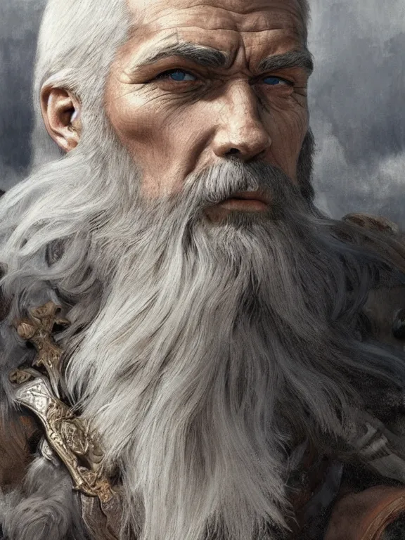 Image similar to painted portrait of rugged odin, god of war, norse god, white hair, masculine, mature, handsome, upper body, grey and silver, muscular, hairy torso, fantasy, intricate, muscular, elegant, highly detailed, digital painting, artstation, concept art, smooth, sharp focus, illustration, art by gaston bussiere and alphonse mucha