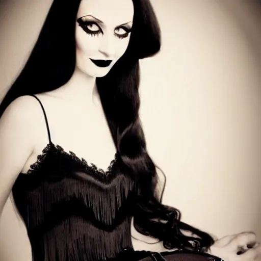 Image similar to young woman, morticia addams, long black hair, short, flapper, vintage, creepy, beautiful, macabre