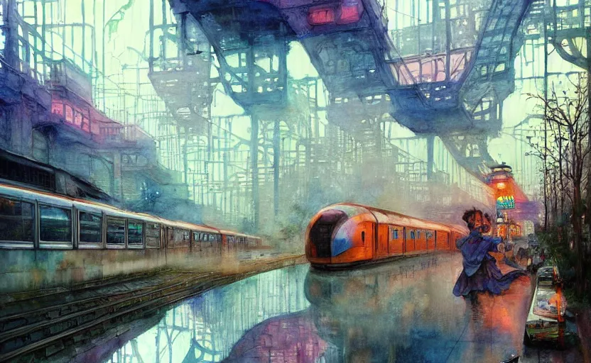 Image similar to an urban train rides inside of a waterway on a fantasy city. intricate, amazing composition, colorful watercolor, by ruan jia, by maxfield parrish, by marc simonetti, by hikari shimoda, by robert hubert, by zhang kechun, illustration, gloomy