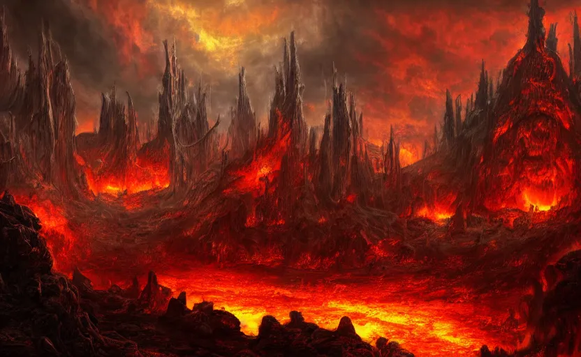 Image similar to a detailed matte painting of the most surreal haunting depiction of hell, in the style of doom eternal, dantes inferno, dark souls, trending on artstation, highly detailed, digital painting, concept art, unreal engine, 4 k wallpaper