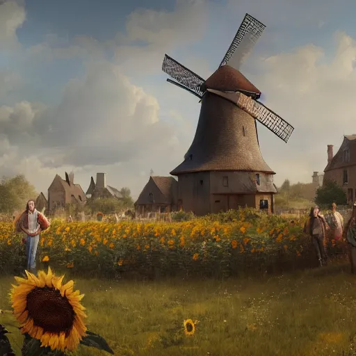 Image similar to a portrait of an sunny town full of sunflowers and villages and an windmill in the middle, Matte painting , detailed painting, made by Greg Rutkowski, 4k resolution, atmospheric, extremely high detail