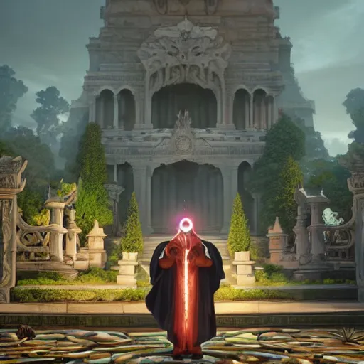 Prompt: a cyclops druid in shining wizard robes in a large marble temple surrounded by shadowy figures made of embers, studio ghibli, pixar and disney animation, sharp, rendered in unreal engine 5, anime key art by greg rutkowski and nixeu, full bloom, vibrant lighting