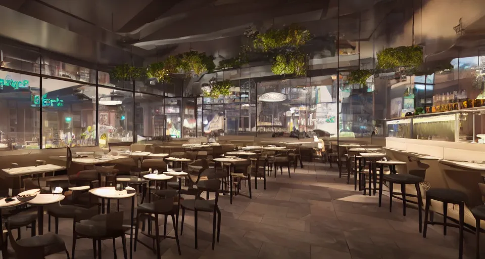 Image similar to restaurants of the future, hyper realistic render, 8 k render, unreal engine 5 render