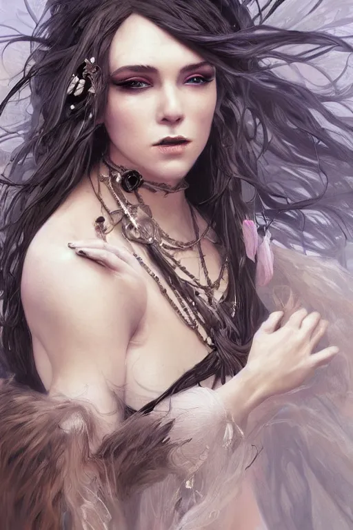 Image similar to a seductive beautiful witch, with a perfect face!!! wind blowing hair and floating, bust portrait, tribal mask and jewelry, dnd, face, fantasy, intricate, elegant, highly detailed, digital painting, artstation, concept art, smooth, sharp focus, illustration, art by artgerm and greg rutkowski and alphonse mucha