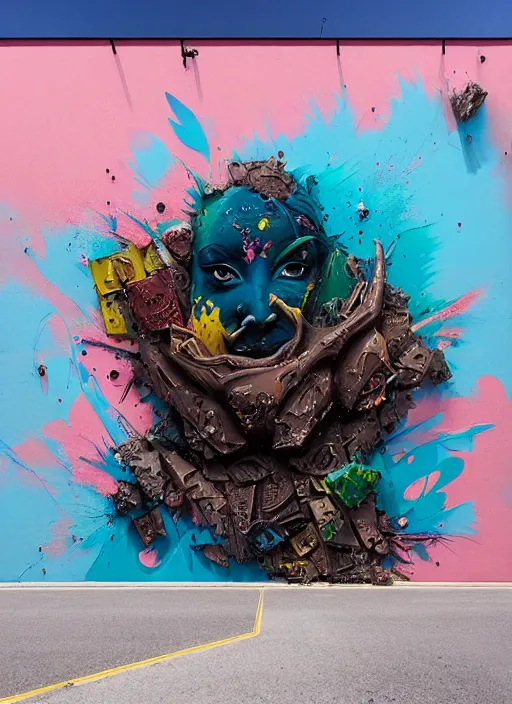 Image similar to matte painting extreme offset 3 d calligraphy graffiti mural dripping paint wall extreme maximalism by artur bordalo, by atey ghailan, by greg rutkowski, by greg tocchini, by james gilliard, by joe fenton, pink, brown, black and light blue color scheme, octane render