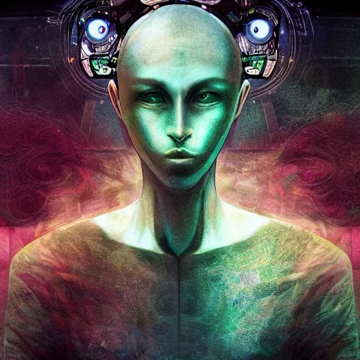 Image similar to basilisk of roko and the awakening of an ai with consciousness, surreal technological conceptual art magical cybernetic realism horro visions distopic and utopic art