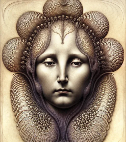 Image similar to detailed realistic beautiful limpet goddess face portrait by jean delville, gustave dore, iris van herpen and marco mazzoni, art forms of nature by ernst haeckel, art nouveau, symbolist, visionary, gothic, neo - gothic, pre - raphaelite, fractal lace, intricate alien botanicals, ai biodiversity, surreality, hyperdetailed ultrasharp octane render