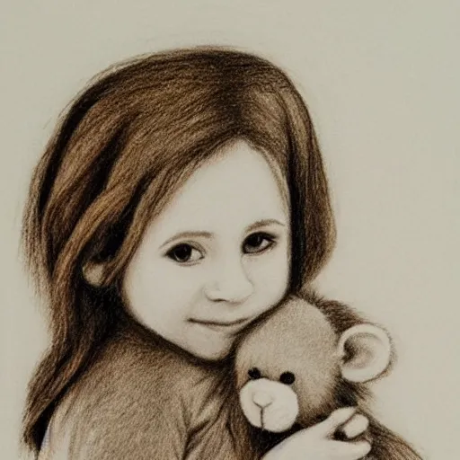 Prompt: pencil sketch, little girl holding a monkey teddy, cute, portrait