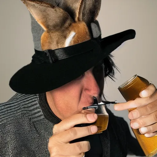 Image similar to a polygamous fox with a hat drinking beer and smoking e - cigarette, studio photo