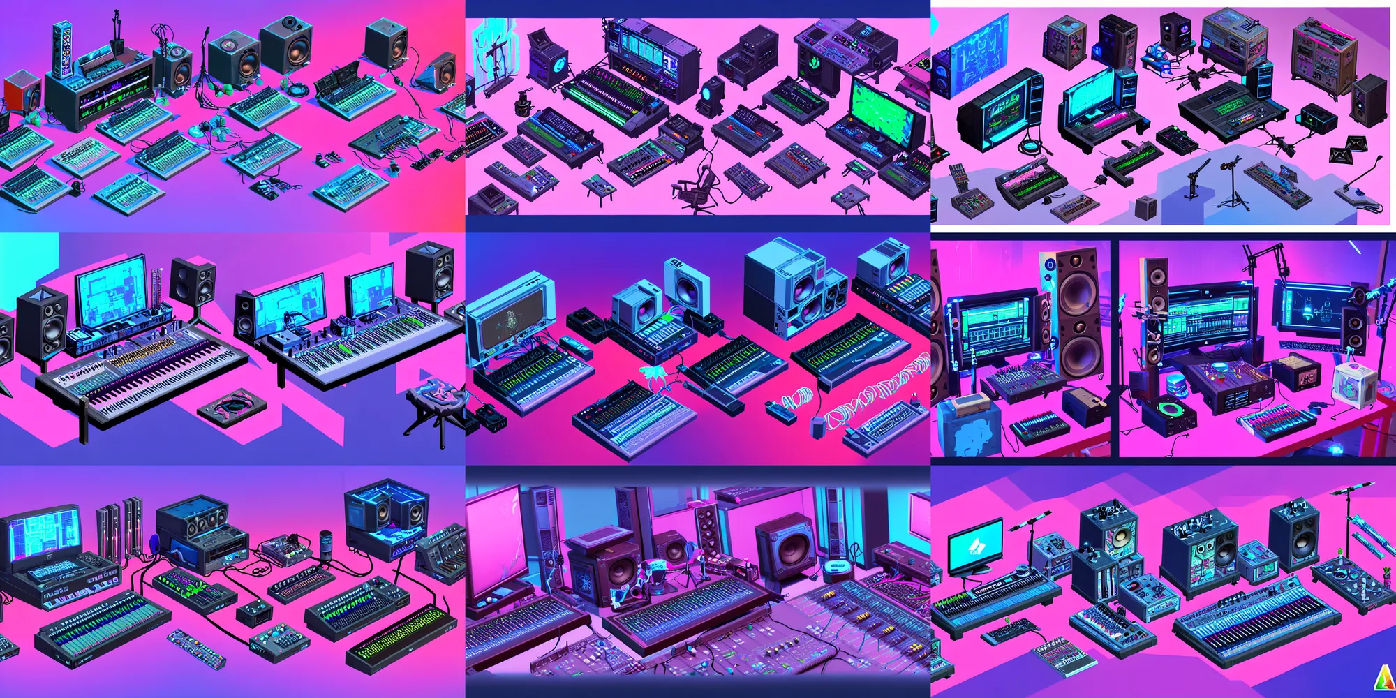 Prompt: game asset of the sims cyberpunk music studio audio equipments utensils and furniture decoration, in gouache detailed paintings, console, cables, props, stylized, 2 d sprites, kitbash, arcane, overwatch, blue and pink color scheme, 8 k, close up