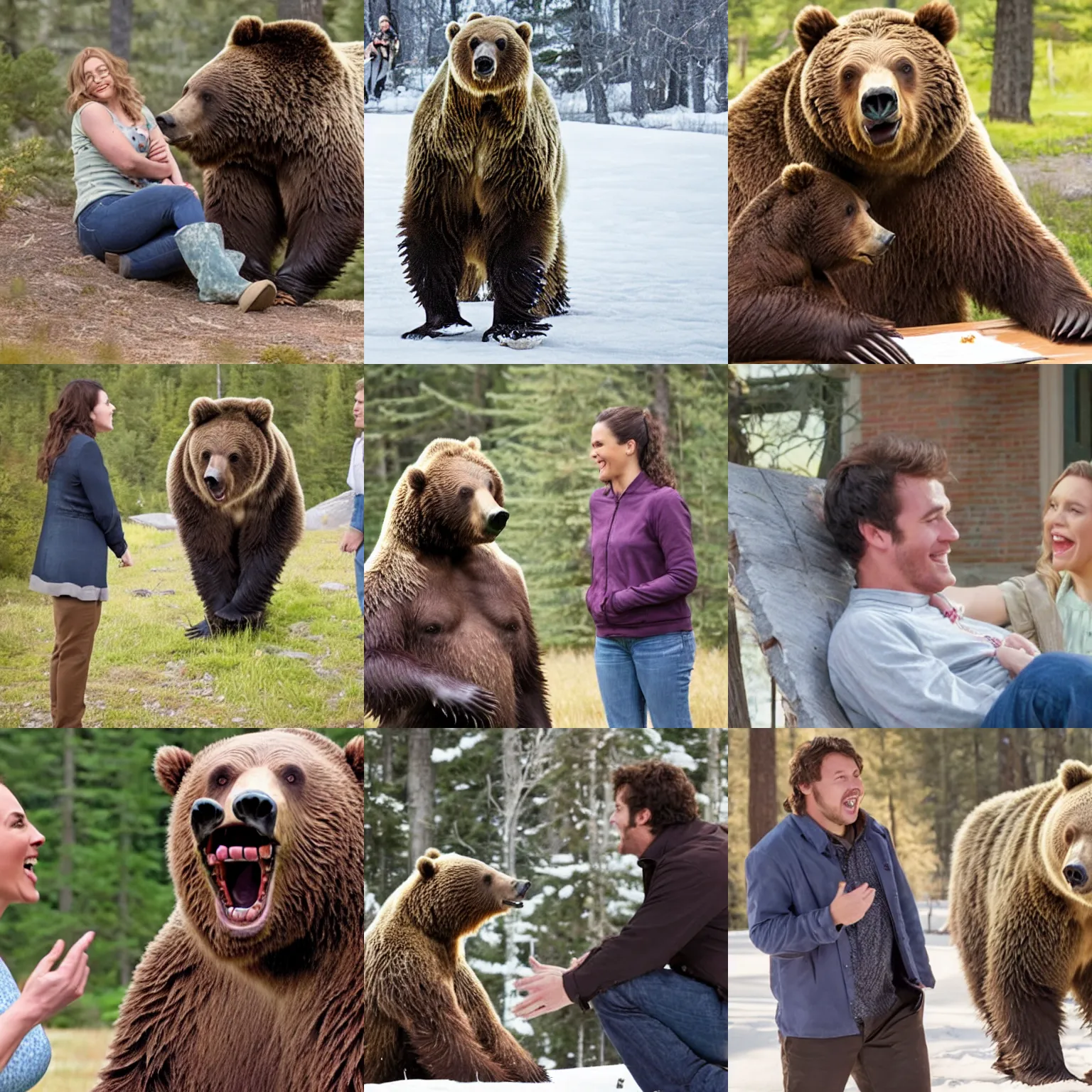 Prompt: Movie Still from Romantic Comedy Reasons to Laugh starring A Grizzly Bear