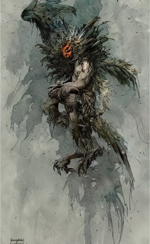 Prompt: detailed terrifying bird god by Jean-Baptiste Monge and frank frazetta , post processing, painterly, book illustration watercolor granular splatter dripping paper texture, ink outlines, painterly, trending on artstation, trending on pinterest childrens art