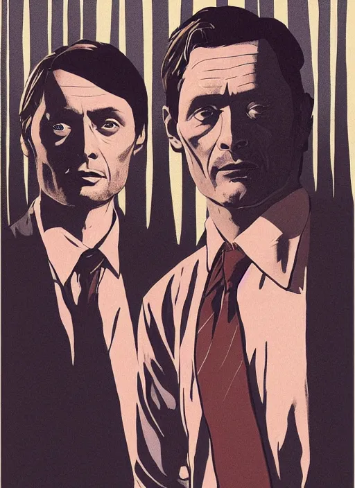 Image similar to Twin Peaks portrait of Mads Mikkelsen and Hugh Dancy holding hands romantically as they chaperone school dance by Michael Whelan, Bob Larkin and Tomer Hanuka, simple illustration, domestic, nostalgic, clean, Matte painting, trending on artstation and unreal engine, New Yorker magazine cover, 1980s romance book cover