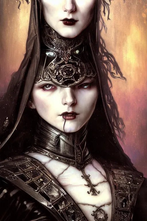 Image similar to beautiful gothic and victorian and luxury and evil young female medieval black armor knight portrait+smoky eyes+front face with light flowing hair, ultradetail face, art and illustration by tian zi and craig mullins and WLOP and alphonse mucha, ssci-fi, fantasy, intricate complexity, human structure, hypermaximalist, fantasy character concept, dynamic lighting, neon light, watermark, blurry, hyperrealism 8k