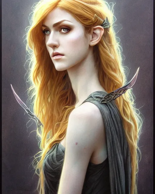 Image similar to portrait of katherine mcnamara elven mage, dark, piercing eyes, gentle expression, elegant clothing, photorealistic, highly detailed, artstation, smooth, sharp focus, art by michael whelan, artgerm, greg rutkowski and alphonse mucha