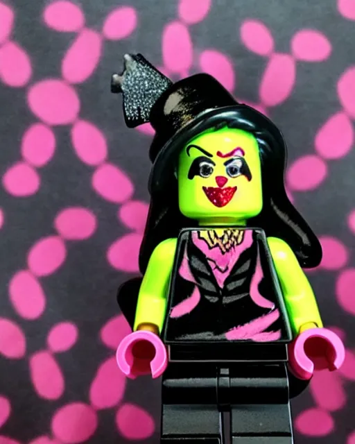 Image similar to a minifigure of a goth girl wearing pink, icp juggalo clown make up