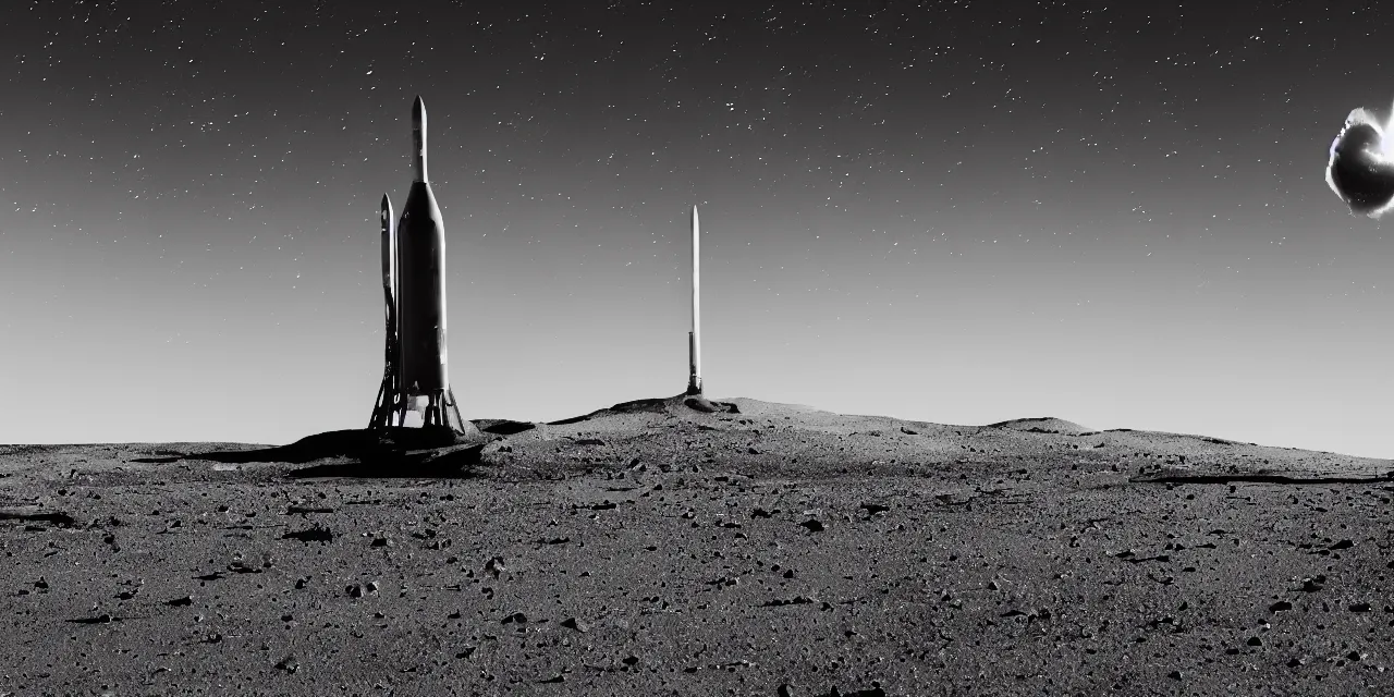 Image similar to 1 7 mm, black and white photo of a rocket landing on bright mars, black background with stars, cinematic film still, high contrast, astrophotography, 4 k