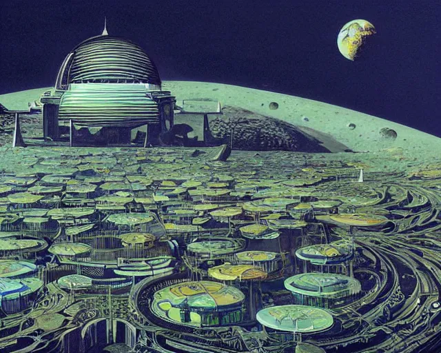 Image similar to a hyper detailed view of a large domed city on the moon, solarpunk, ecopunk, futuresynth, majestic, epic metropolis, by eyvind earle and patrick woodroffe