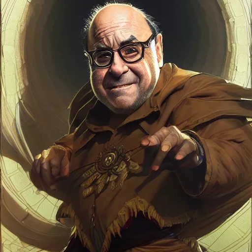 Image similar to SSJ3 Danny DeVito, western, D&D, fantasy, intricate, elegant, highly detailed, digital painting, artstation, concept art, matte, sharp focus, illustration, art by Artgerm and Greg Rutkowski and Alphonse Mucha