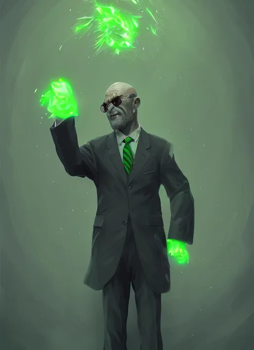 Image similar to a highly detailed illustration of bald old man wearing suit with green glowing eyes, dramatic standing pose, nuclear background, intricate, elegant, highly detailed, centered, digital painting, artstation, concept art, smooth, sharp focus, league of legends concept art, wlop.