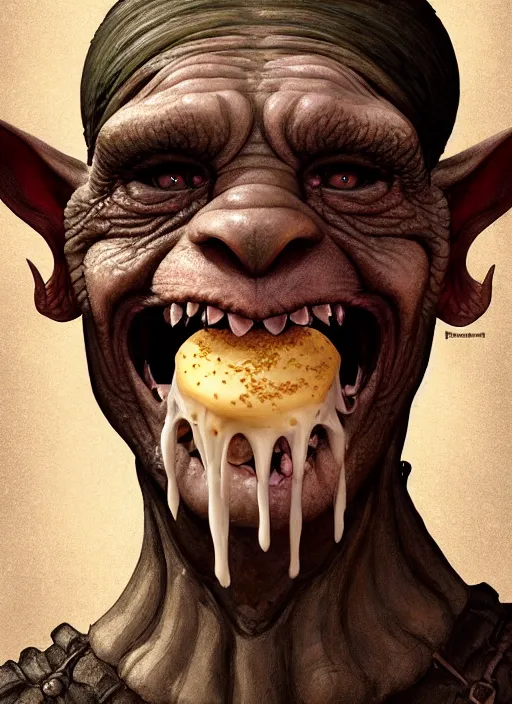 Image similar to profile face portrait of a medieval goblin eating cakes in the cloisters, beautiful face, hyper realistic, highly detailed, digital painting, artstation, illustration, concept art by hyung tae and frank frazetta, digital paint, matte paint, washed colors, dark, gloomy