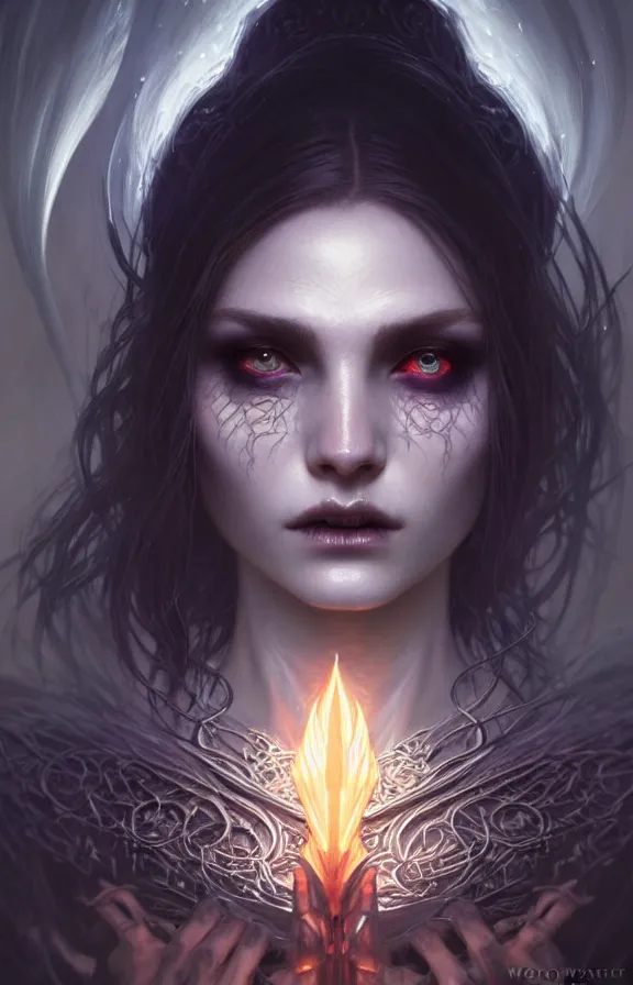 Image similar to Necromancer Sorceress face close-up macro in center, fantasy magic, undercut hairstyle, dark light night, intricate, elegant, sharp focus, illustration, highly detailed, digital painting, concept art, matte, art by WLOP and Artgerm and Greg Rutkowski and Alphonse Mucha, masterpiece