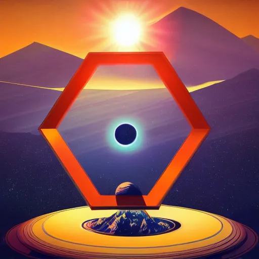 Image similar to hexagon between the sun and planet earth, trending on art station, art deco, retro futurism, realistic, perspective