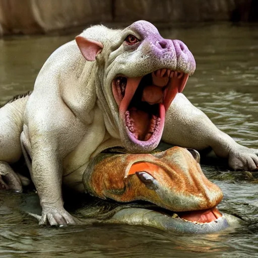 Image similar to falcor from the never ending story, eating a hippopotamus