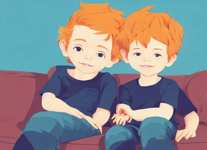 Image similar to two little boys sitting on a couch, they are best friends. a little blonde boy and a little ginger boy. clean cel shaded vector art. shutterstock. behance hd by lois van baarle, artgerm, helen huang, by makoto shinkai and ilya kuvshinov, rossdraws, illustration, art by ilya kuvshinov