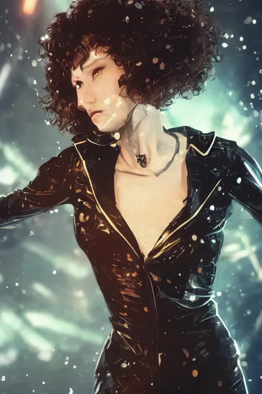 Prompt: A curly-haired girl in brown hair rushes into a black leather suit against the background of golden sparks, Anime, cyberpunk, gothic, dark fantasy, art, 4k,