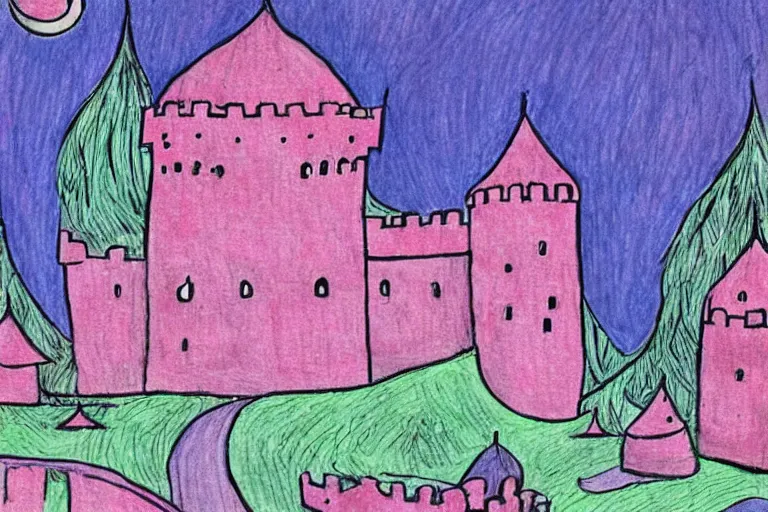 Prompt: a drawing of a pink and blue castle, a storybook illustration by tove jansson, tumblr, psychedelic art, concept art, storybook illustration, whimsical